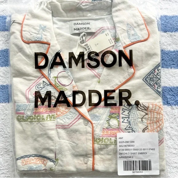 Damson Madder White Chlo Linen-Blend Embroidered Buttondown Shirt US 2 NWT - Picture 5 of 16